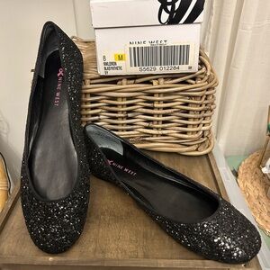 Nine West NWLemon Black Sparkle Sequin Flat Ballerina Shoe Flats Womens 8